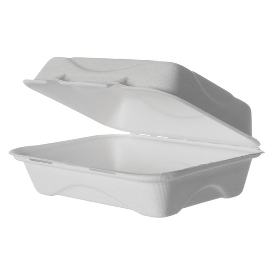 Eco-Products Vanguard 9x6x3 Compostable Sugarcane Clamshells (QTY 250), SKU EP-HC96NFA