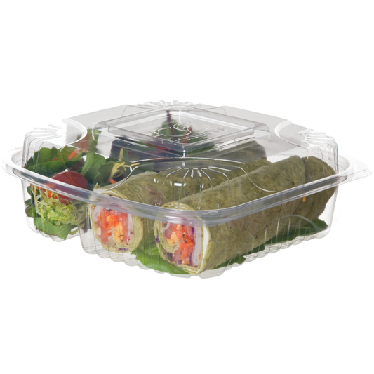 Eco-Products GreenStripe Renewable & Compostable Clear Clamshell, 3-Compartment, 8 x 8 x 3 in (QTY 160), SKU EP-LC83