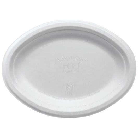 Eco-Products Vanguard Compostable Sugarcane Oval Plate, 10 × 7 in, White (QTY 500), SKU EP-P009NFA