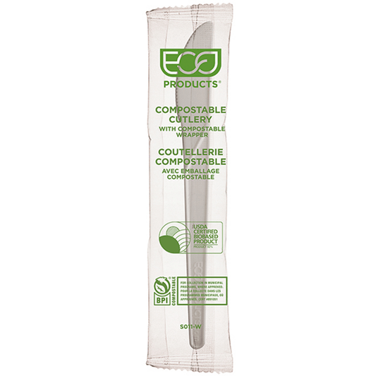 Plantware Renewable & Compostable Individually Wrapped Knife - 6in White, Compostable Wrapper (QTY:50)