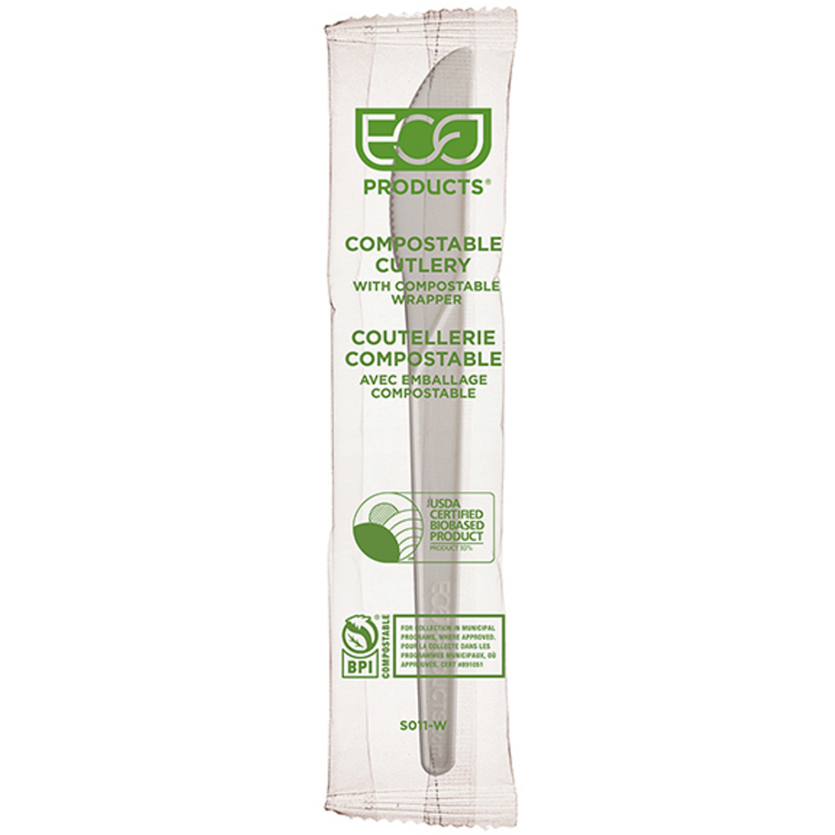 Eco-Products Plantware Renewable & Compostable Individually Wrapped Knife - 6in White, Compostable Wrapper (QTY:1000), SKU EP-S011-W