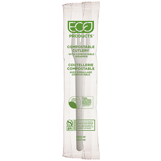 Eco-Products Plantware Renewable & Compostable Individually Wrapped Fork 6" White, Compostable Wrapper (QTY 1000), SKU EP-S012-W
