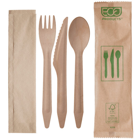 Eco-Products GreenStripe Wood Renewable & Compostable FSC Certified Cutlery Kit (Fork/Knife/Spoon/Napkin), 6.5in (QTY 500), SKU EP-S215