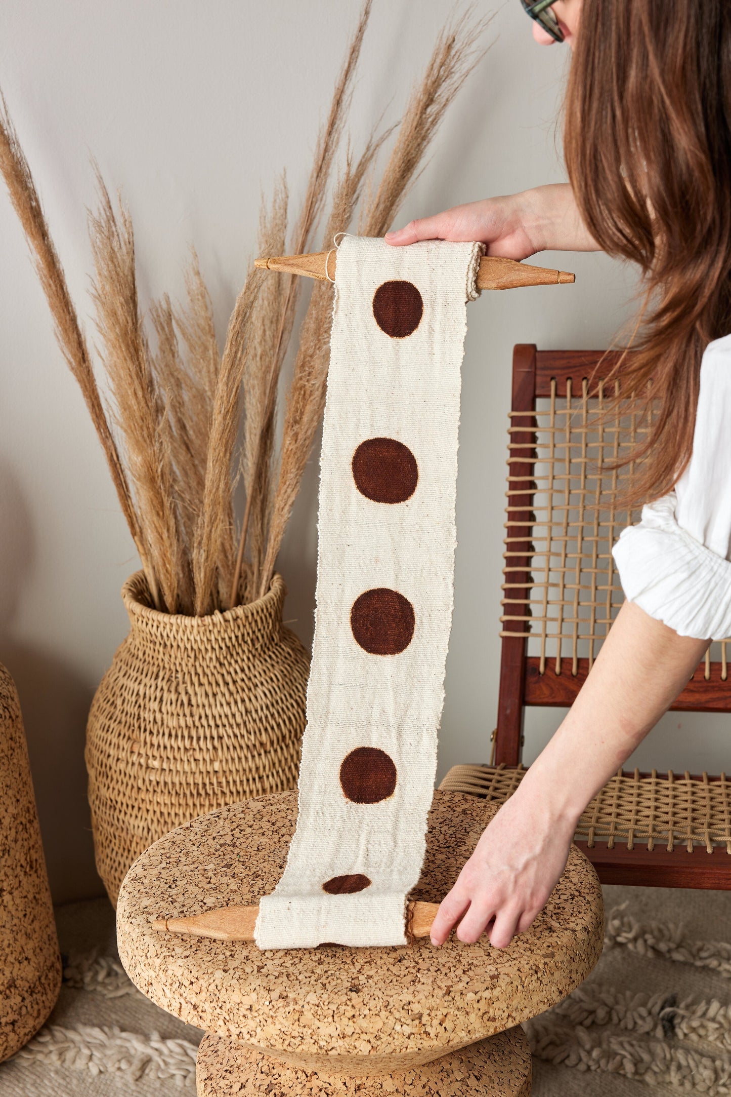 Flourish Bogolan Wall Totem in White with Brown Circles - Osadia Concept Store