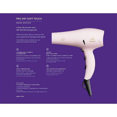 Andis Soft Touch Pro Dry Tourmaline Ionic Dryer Pink 1875 Watts - Imperfect Box
