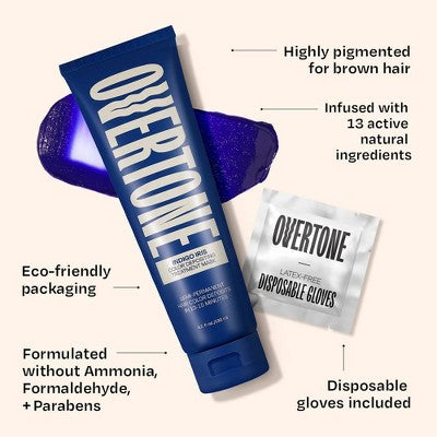 Overtone Indigo Iris Hair Mask Semi-Permanent Hair Dye & Color Conditioner Blue for Brown & Blonde Hair - New