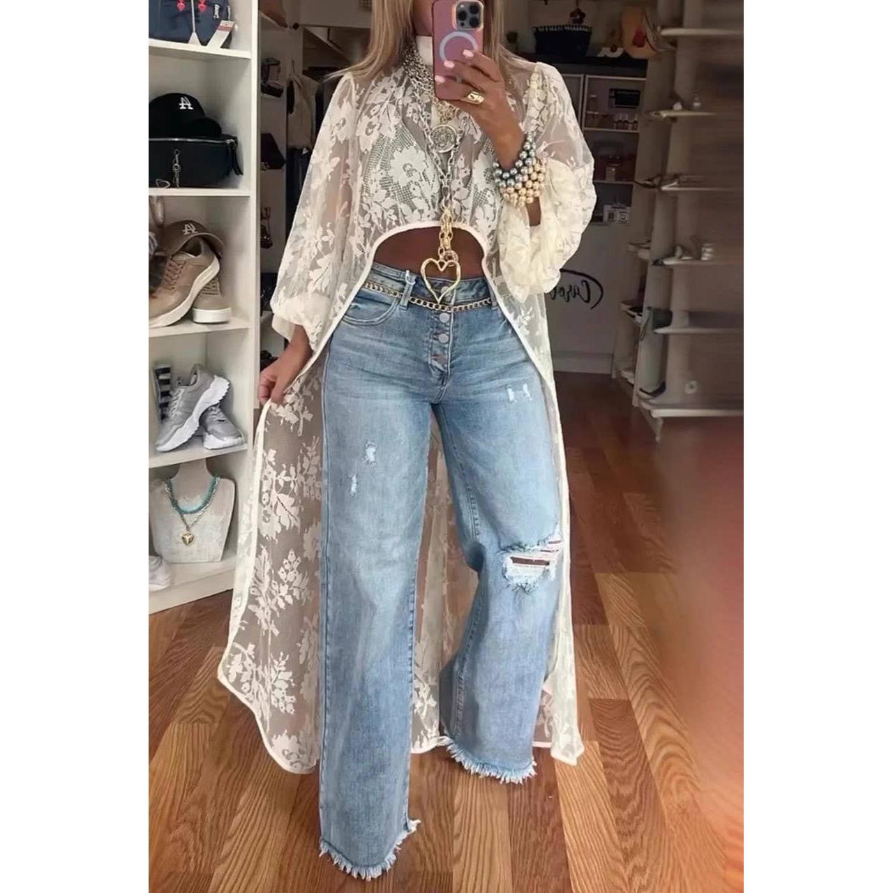 High-Low Bohemia Floral Sheer Lace Duster Blouse [Sizes S-L]