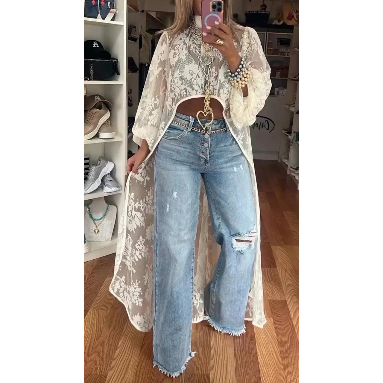 High-Low Bohemia Floral Sheer Lace Duster Blouse [Sizes S-L]