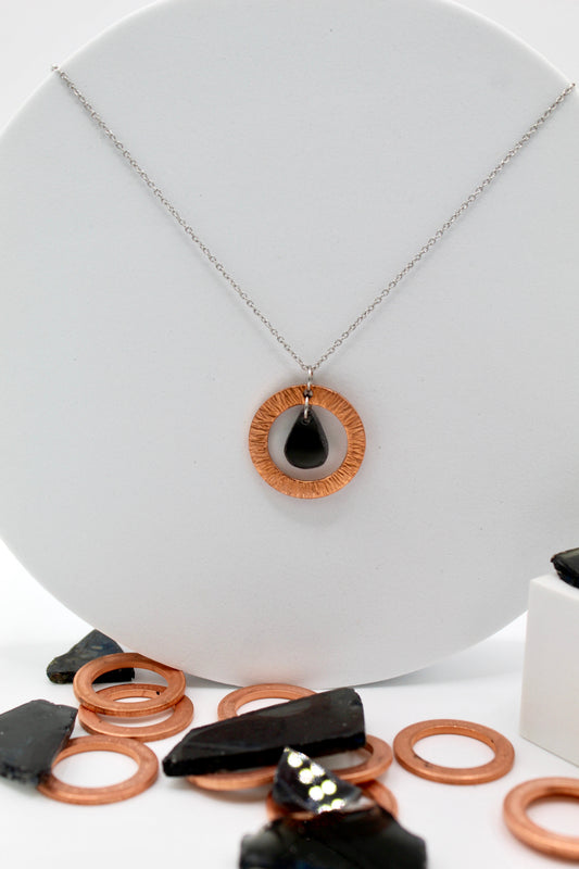 Time Necklace | Repurposed Automotive Copper Washer & Windshield Glass | Adjustable Stainless Steel Chain