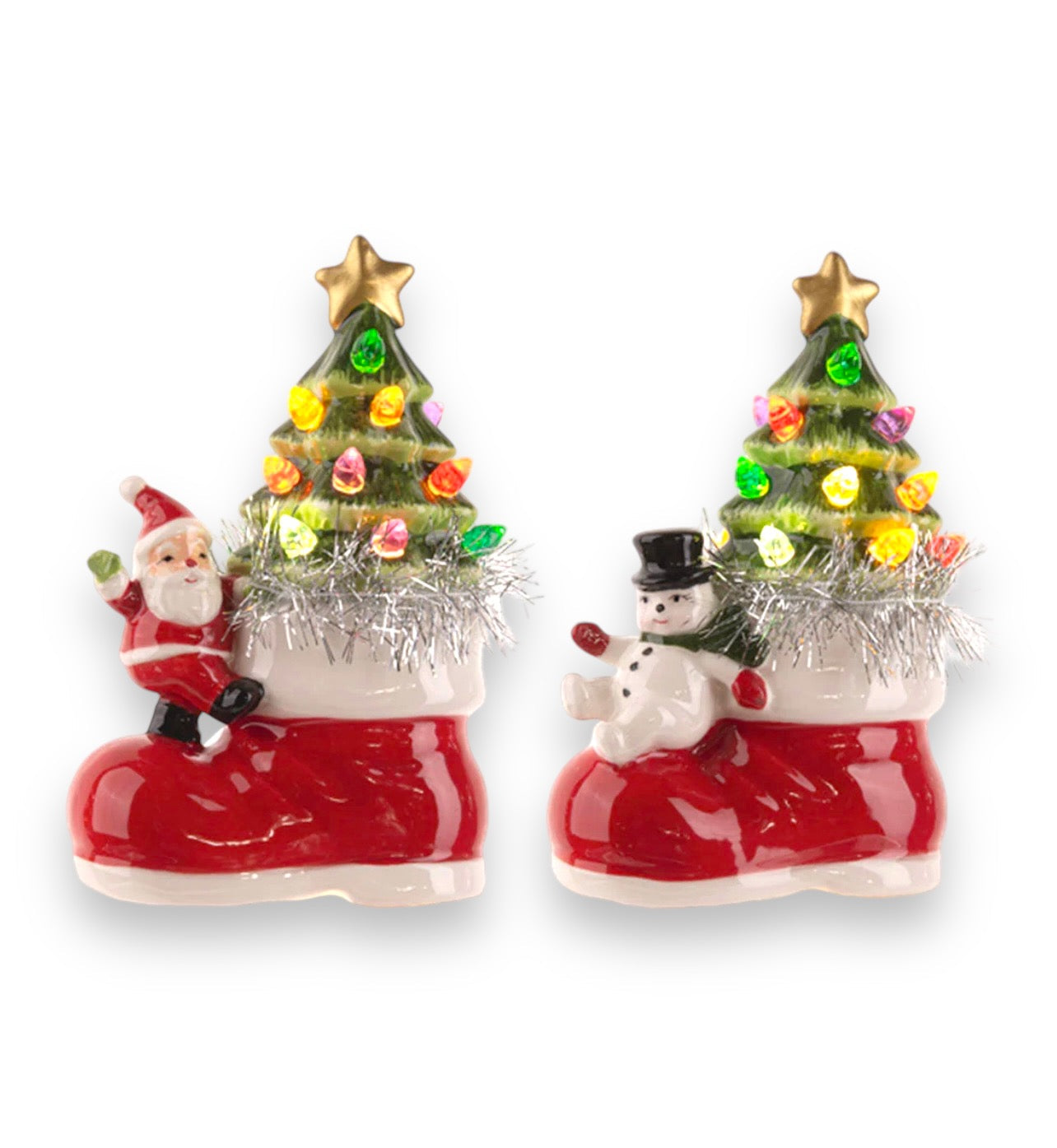 Light Up Ceramic Snowman w/Tree in Boot Figurine