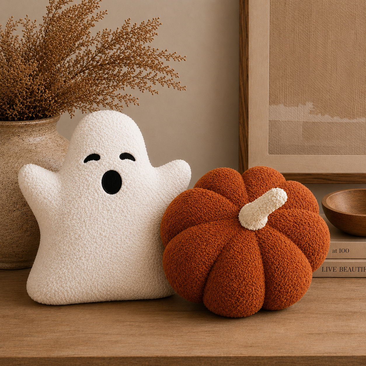 Sherpa Pumpkin & Ghost Pillow Set