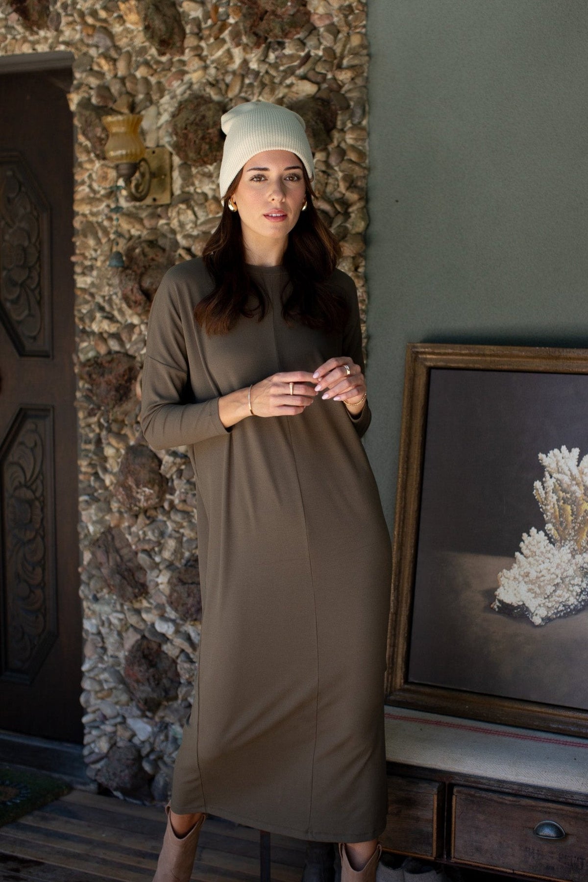 Dolman Sleeve Rib Maxi Dress- Olive