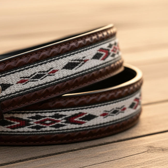 Western Leather Belt - Woven Aztec