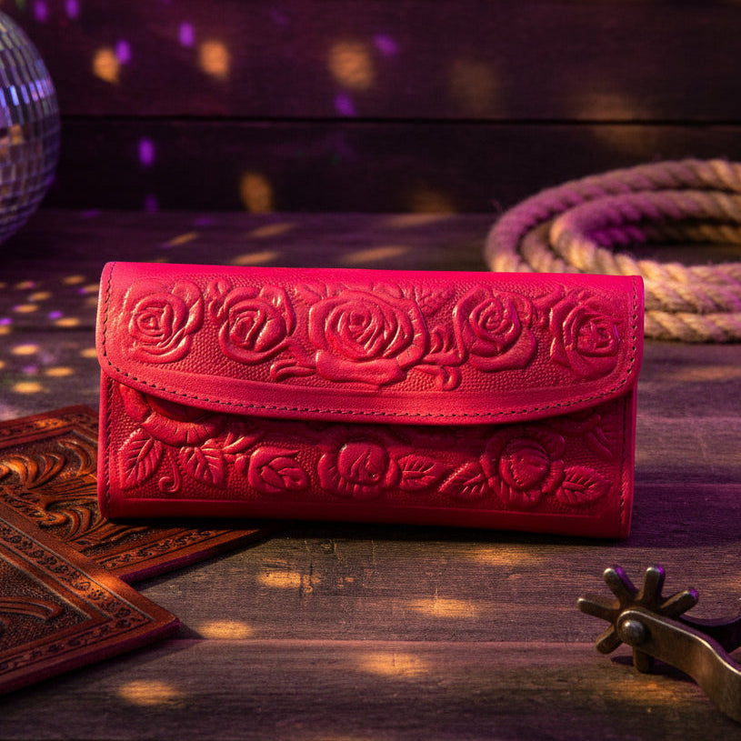 Leather Western Clutch - Pink Flower