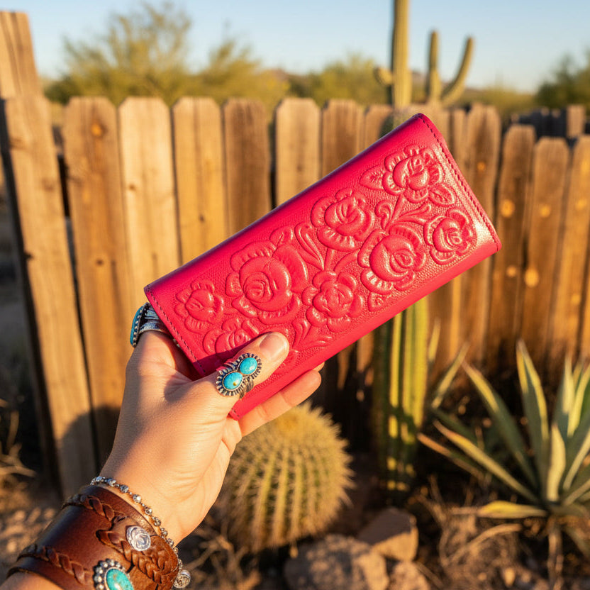 Leather Western Clutch - Pink Flower