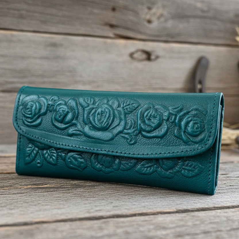 Leather Western Clutch - Teal Flower