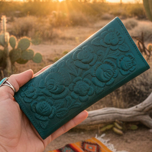 Leather Western Clutch - Teal Flower