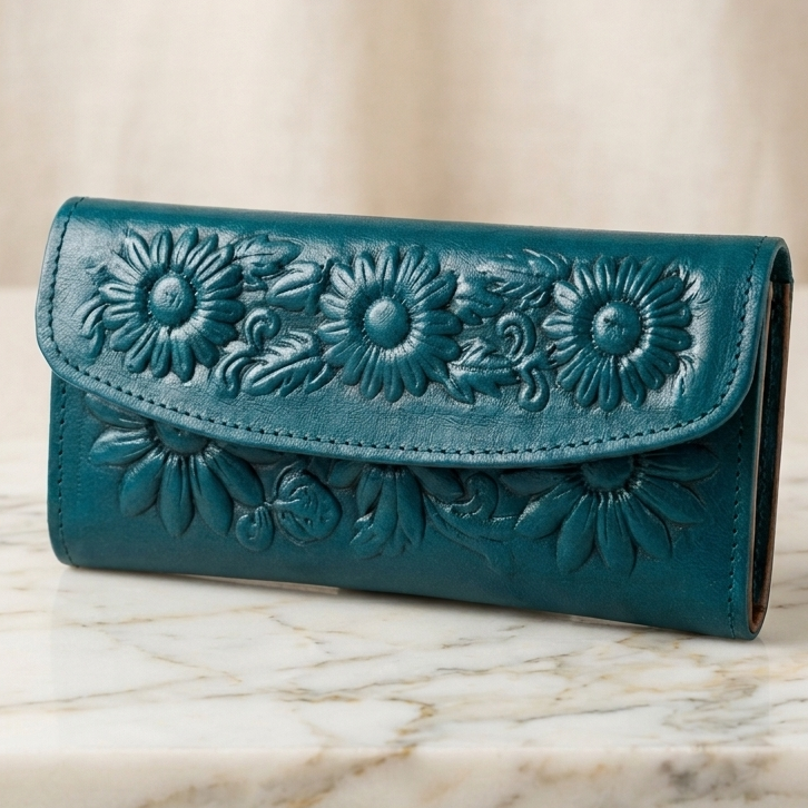 Leather Western Clutch - Teal Flower