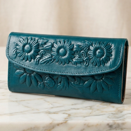 Leather Western Clutch - Teal Flower