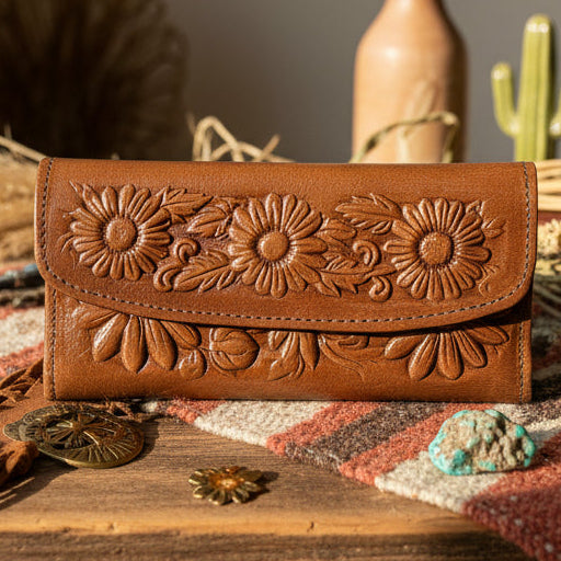 Leather Western Clutch - Brown Flower