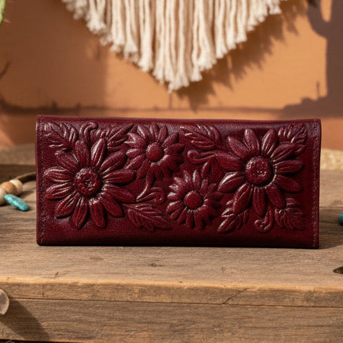 Leather Western Clutch - Maroon Flower