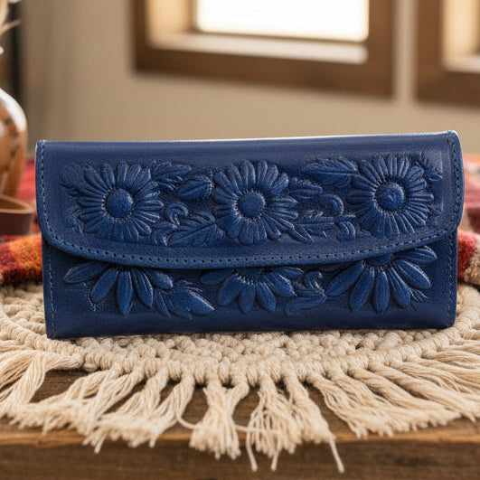 Leather Western Clutch - Blue Flower