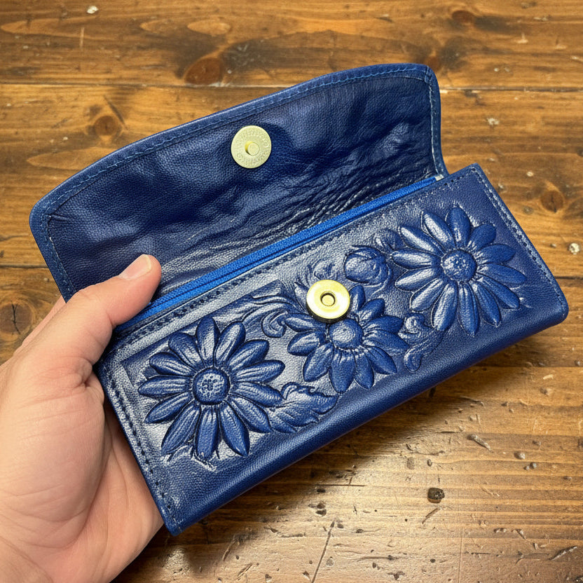 Leather Western Clutch - Blue Flower