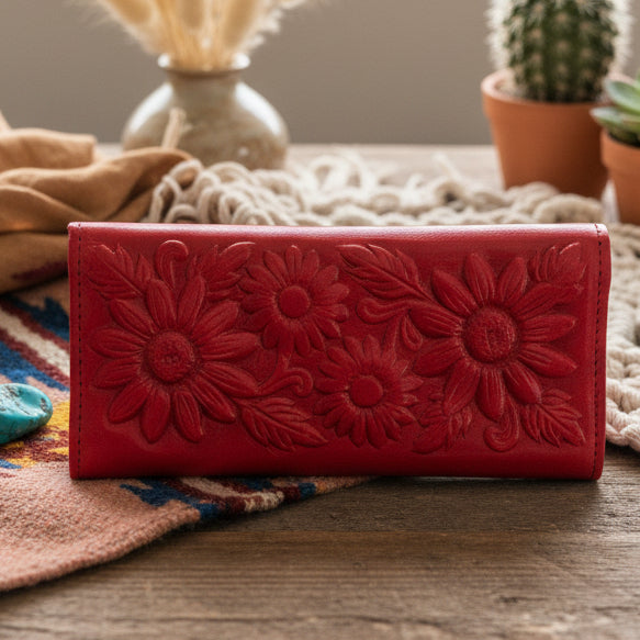 Leather Western Clutch - Red Flower