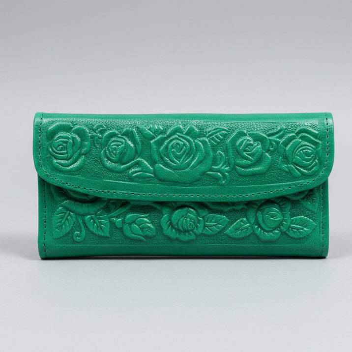 Leather Western Clutch - Green Flower