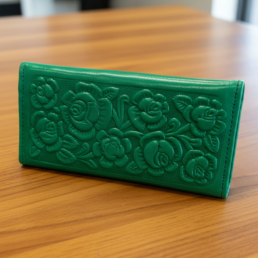 Leather Western Clutch - Green Flower