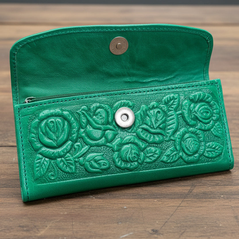 Leather Western Clutch - Green Flower