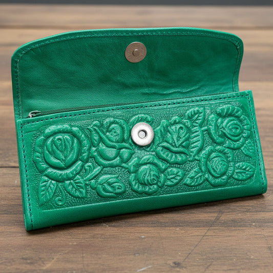 Leather Western Clutch - Green Flower