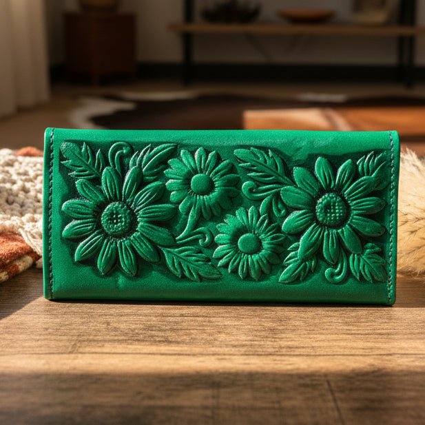 Leather Western Clutch - Green Flower