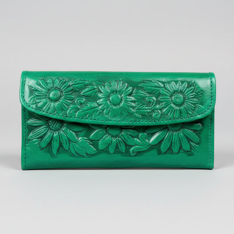 Leather Western Clutch - Green Flower