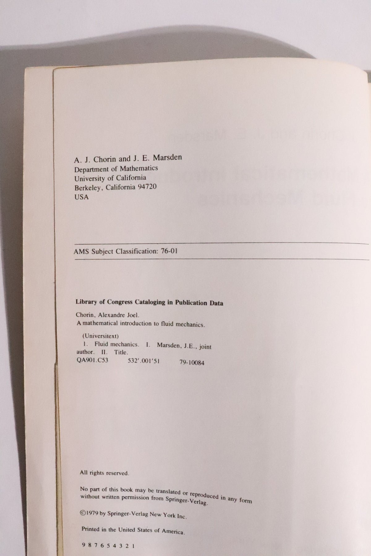A Mathematical Introduction to Fluid Mechanics — Chorin & Marsden, First Edition, 1979