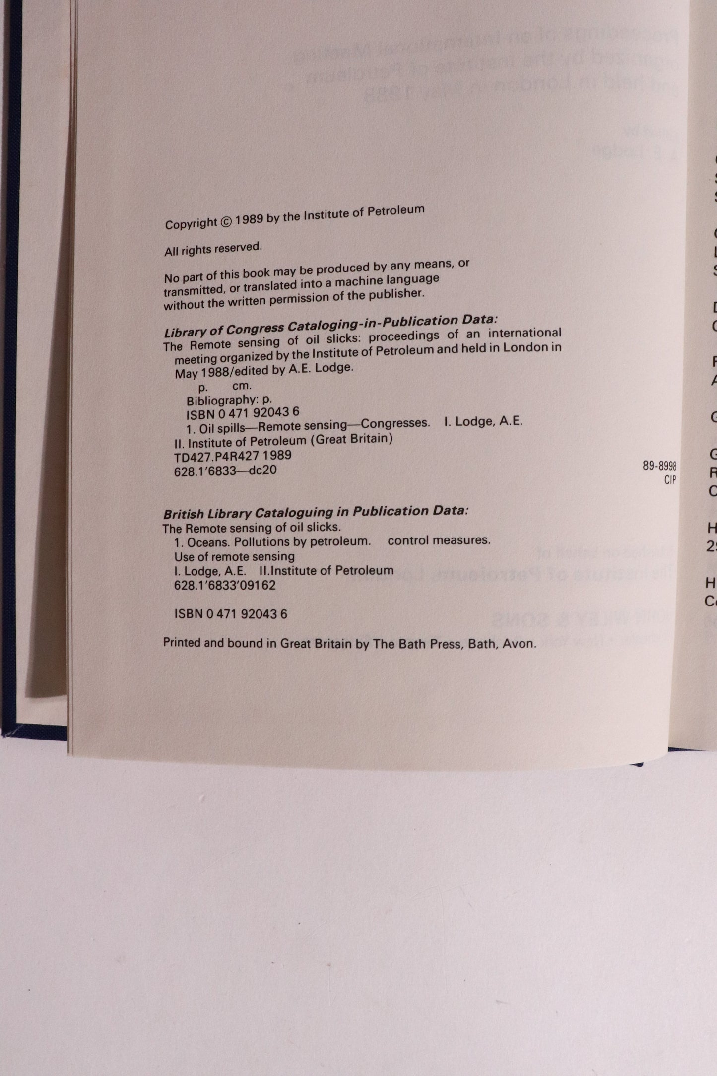 The Remote Sensing of Oil Slicks — 1989