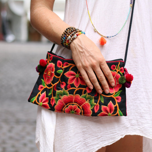 Crossbody Embroidered Hmong Floral Geometric Bag - Thailand
