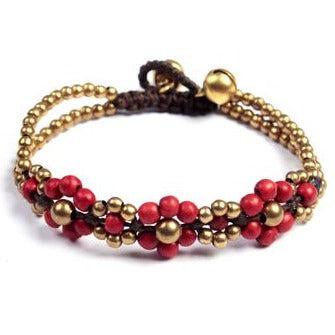Handmade Red & Brass Beaded Flower Bracelet – Thailand
