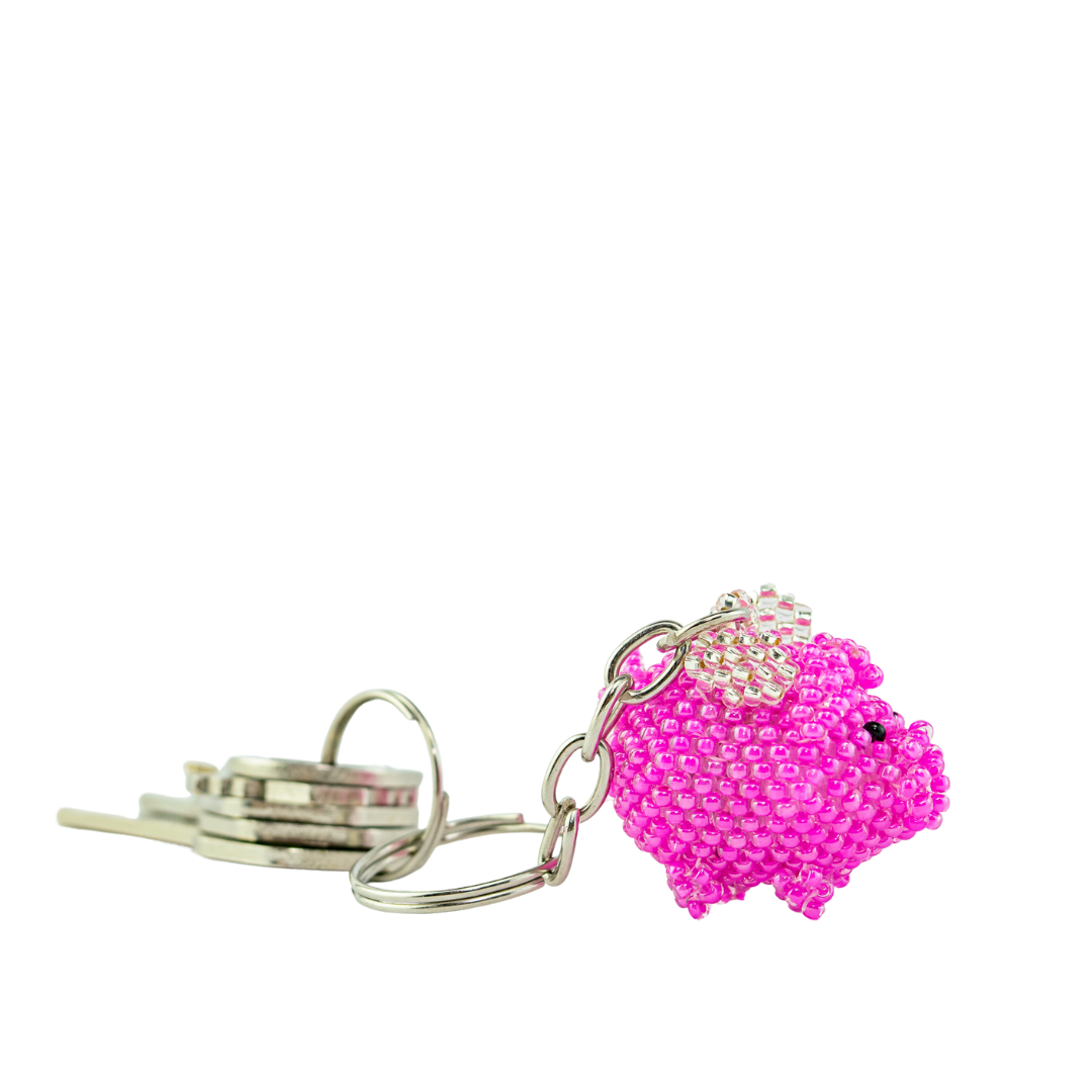 Flying Pig Seed Bead Pink Handmade Keychain - Guatemala