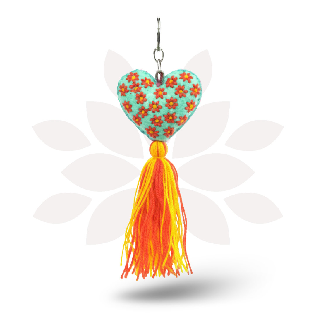 Embroidered Love Heart Tassel Keychain - Mexico