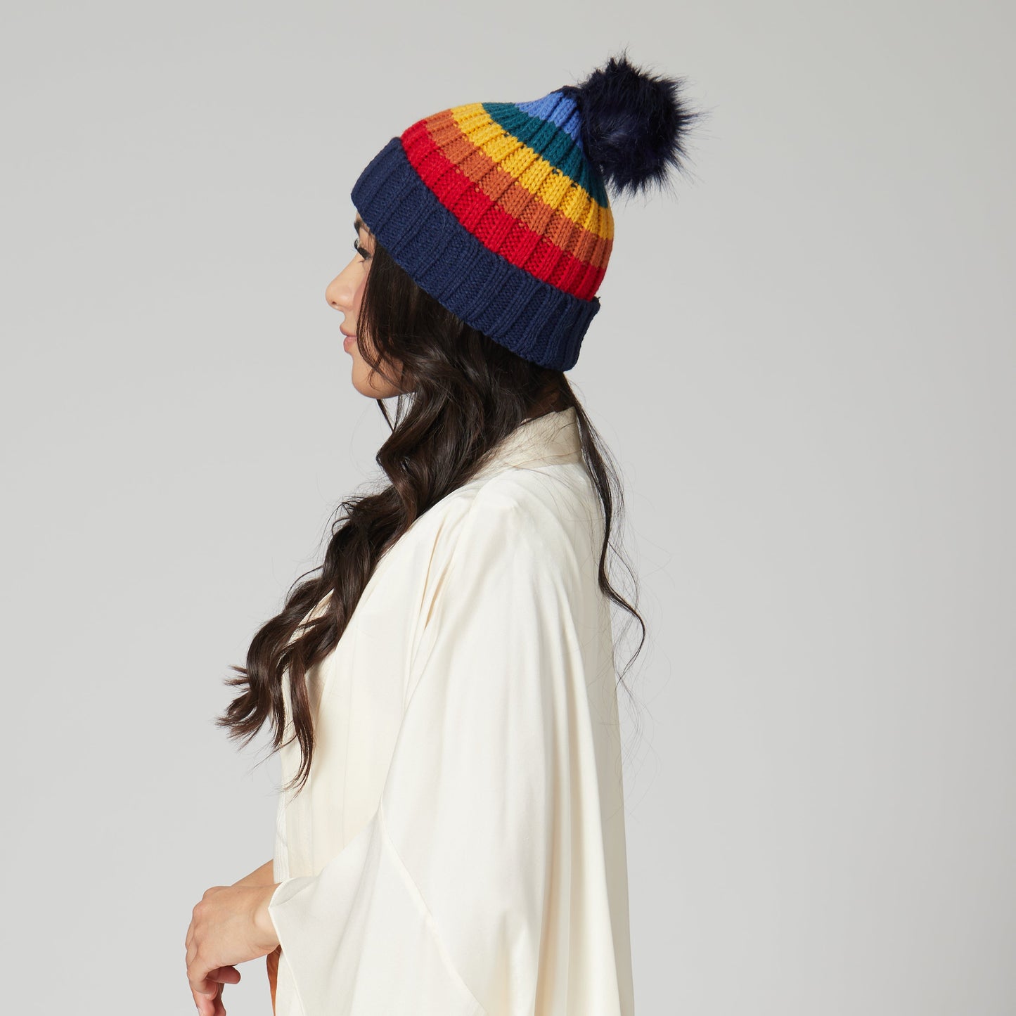 Women's Knit Rainbow Stripe Beanie w/Pom
