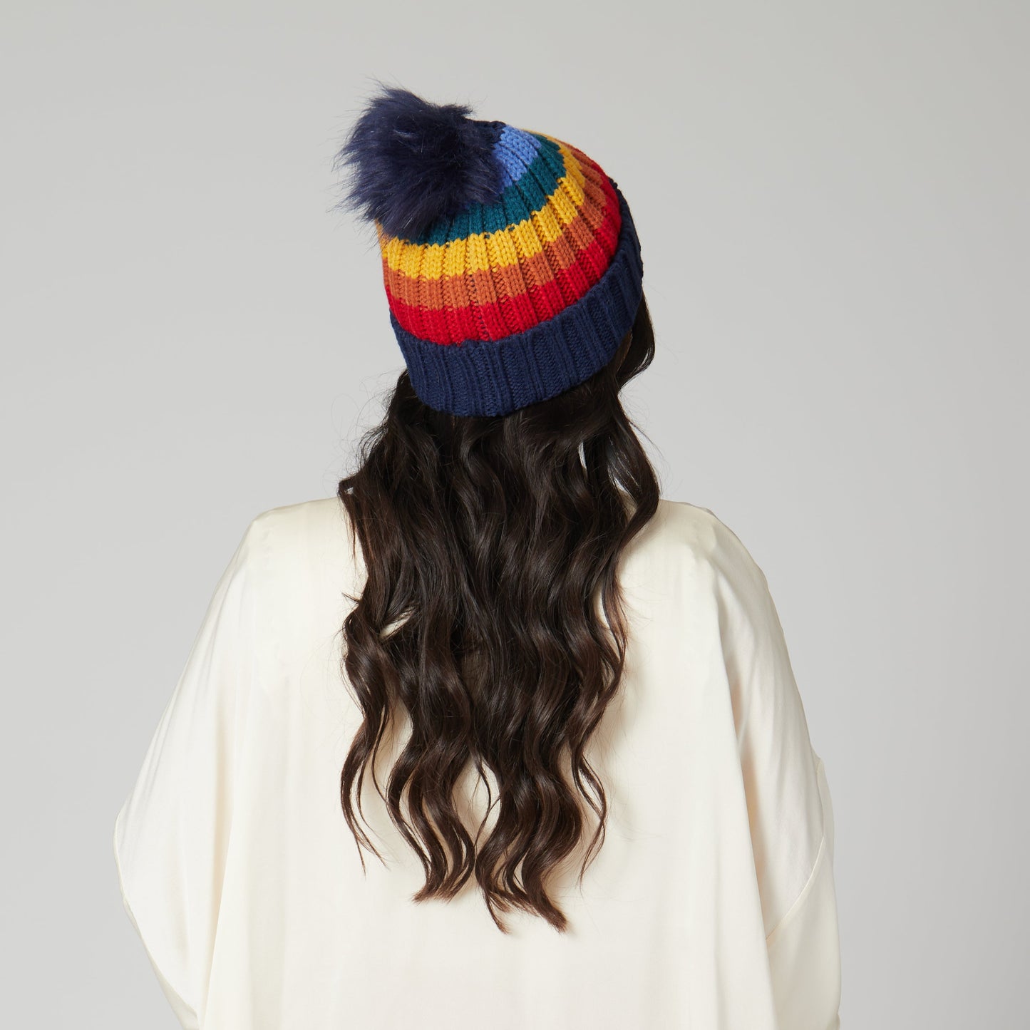 Women's Knit Rainbow Stripe Beanie w/Pom