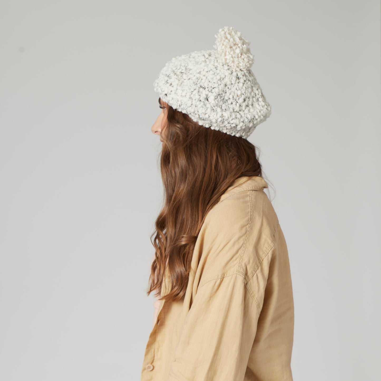 Womens Plush Textured Yarn Beret With Gold Sequins Woven Into The Yarn-Ivory-One Size