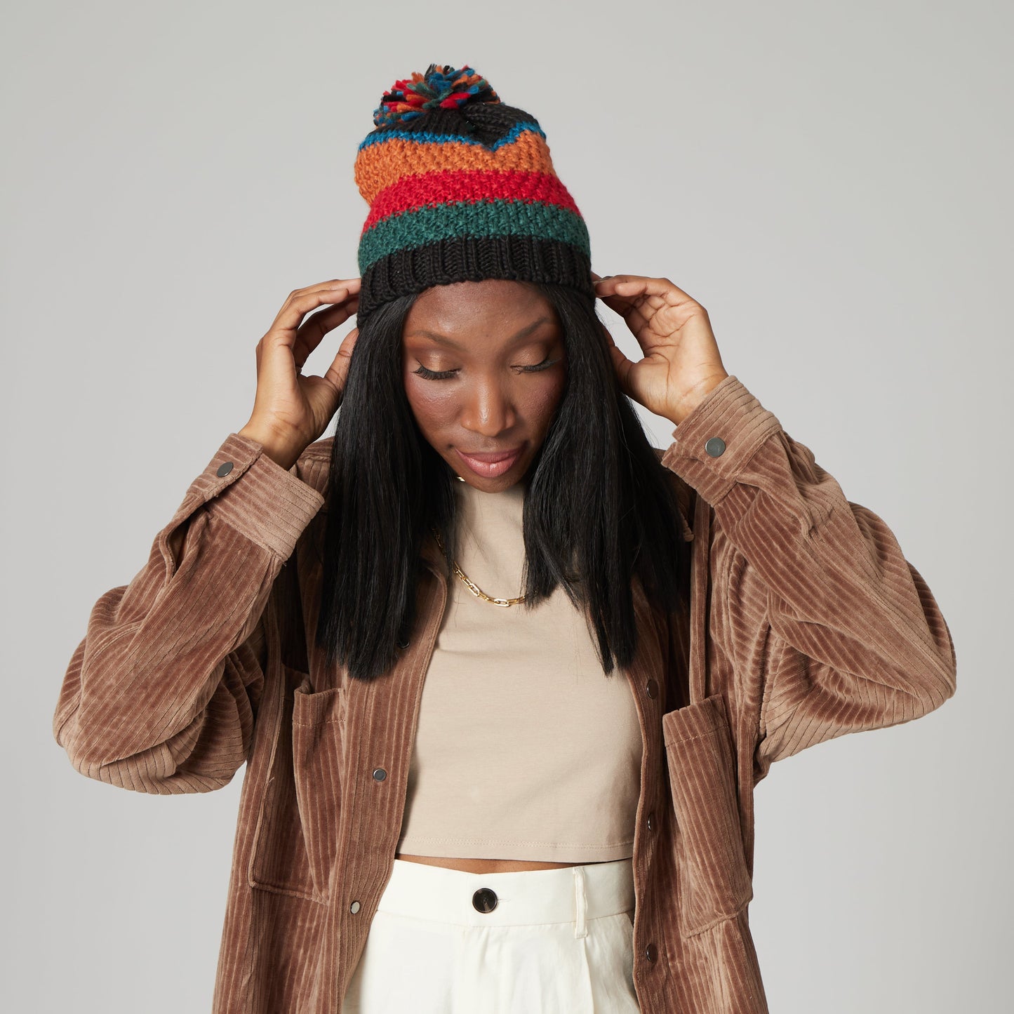 Women's Striped Beanie w/ Pom (KNH5001)
