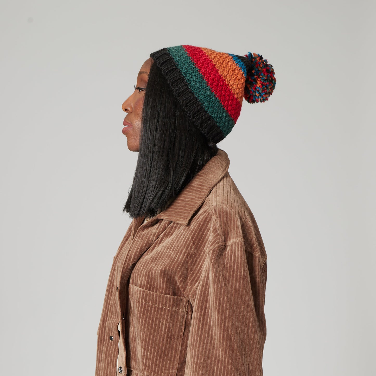 Women's Striped Beanie w/ Pom (KNH5001)