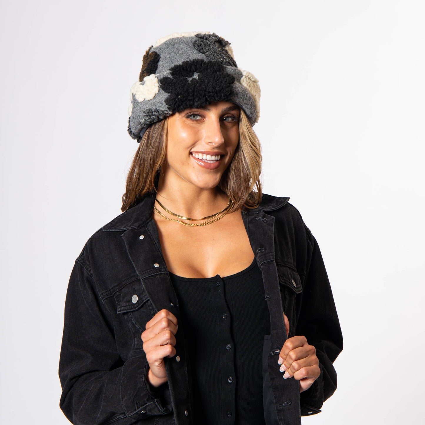 Keyes - Wool Blend Cuffed Beanie with Sherpa Flowers - KNH8084