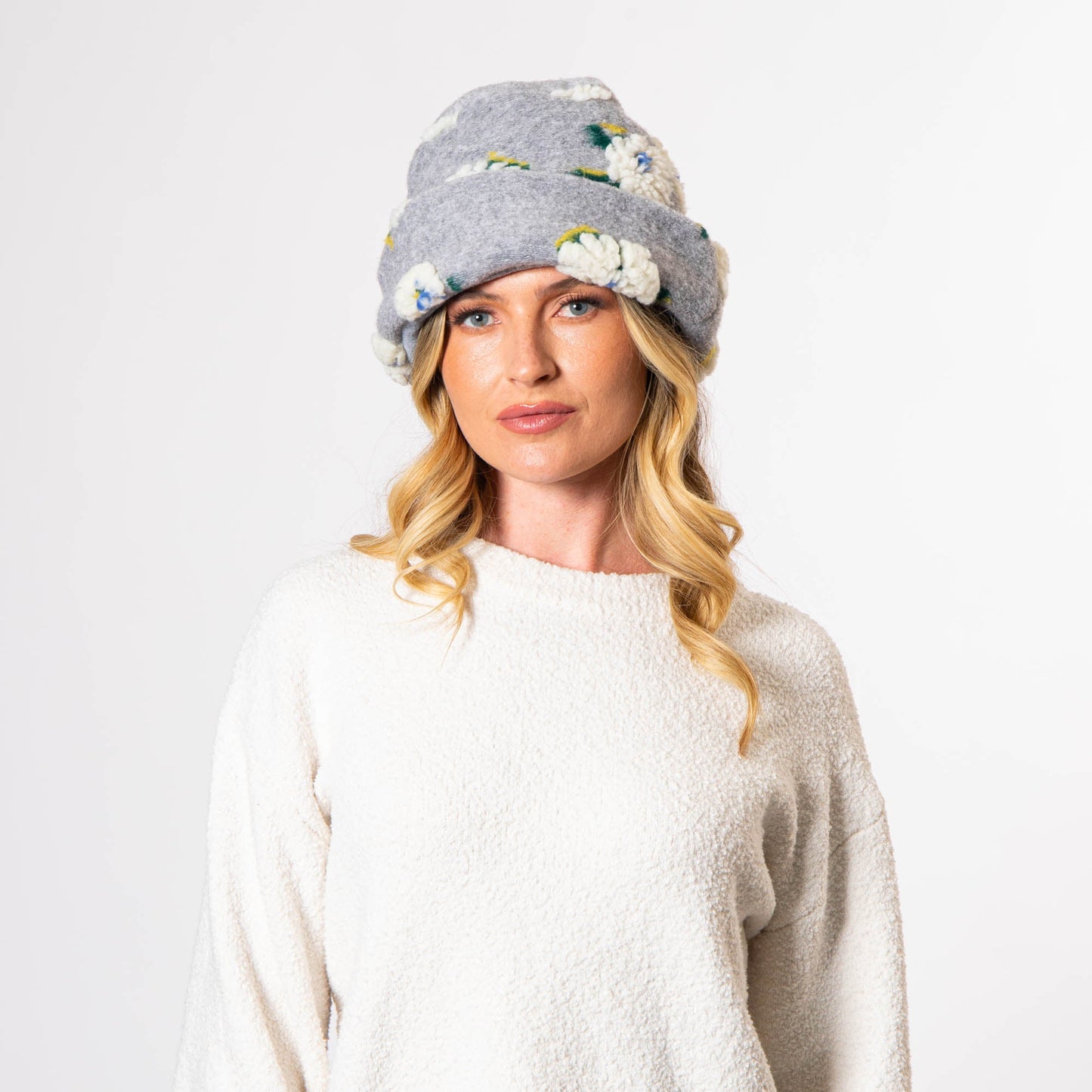 Keyes - Wool Blend Cuffed Beanie with Sherpa Flowers - KNH8084