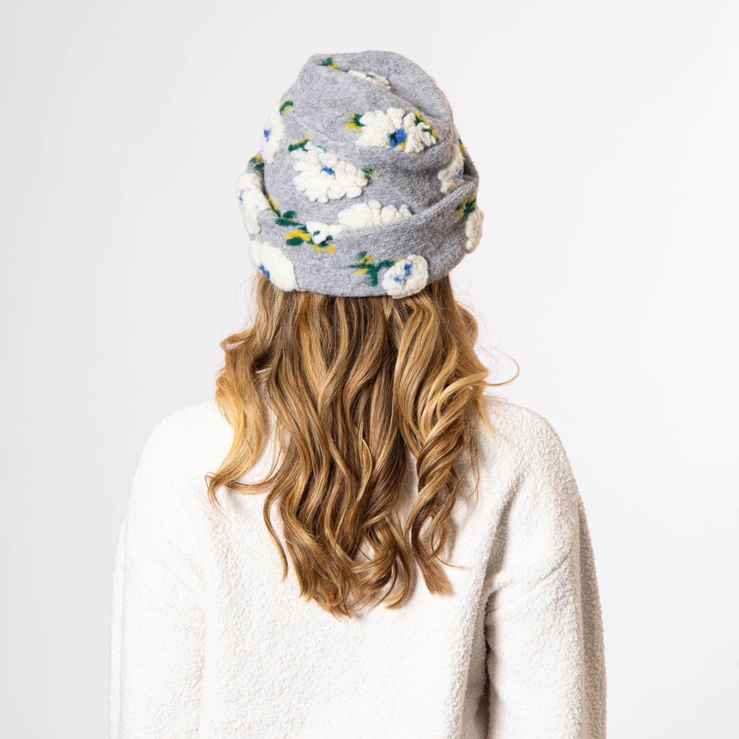 Keyes - Wool Blend Cuffed Beanie with Sherpa Flowers - KNH8084