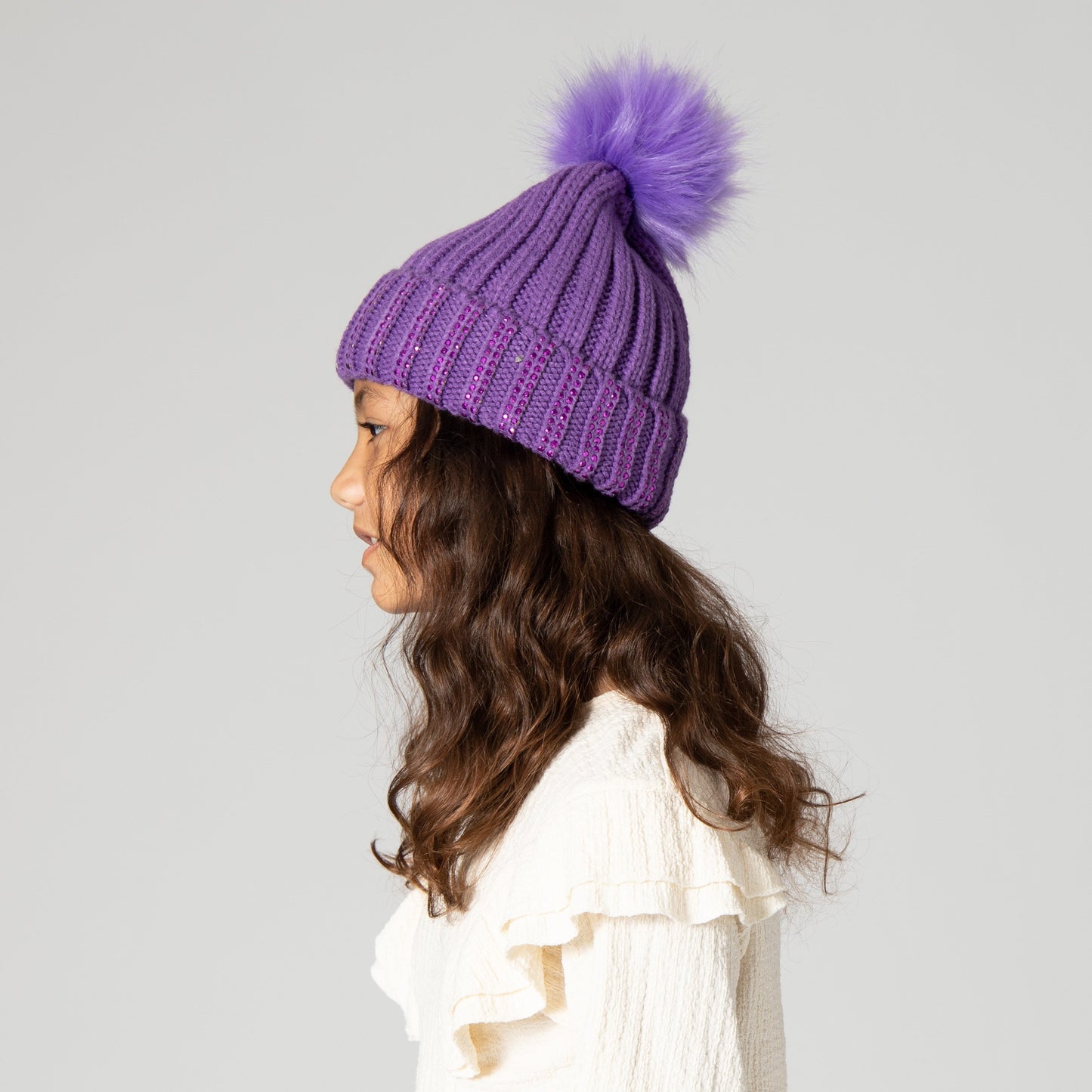 Kids Jeweled Beanie With Faux Fur Pom