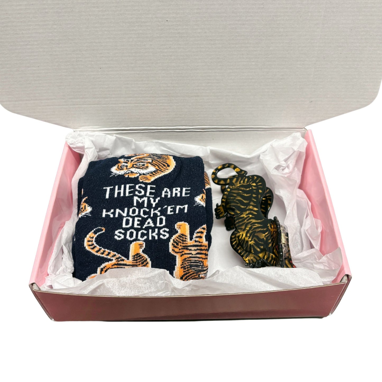 Knock Em Dead Tiger Gift Box | Hair Claw and Socks Giftable Bundle